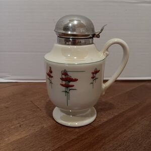 Cream Ceramic Sugar Pourer with Red Floral Design and Metal Flip Lid